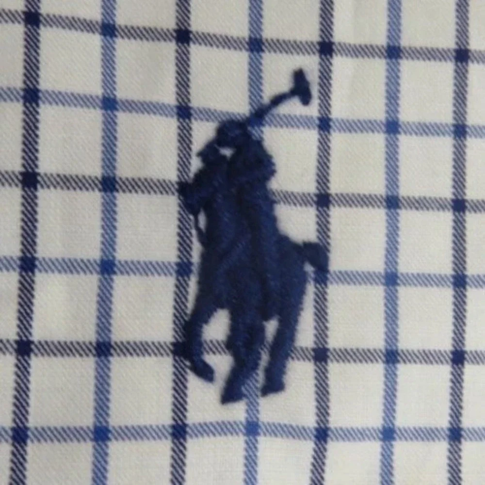 Ralph Lauren Polo Shirt Mens L Blue White Check Cotton Button Down Long Sleeve